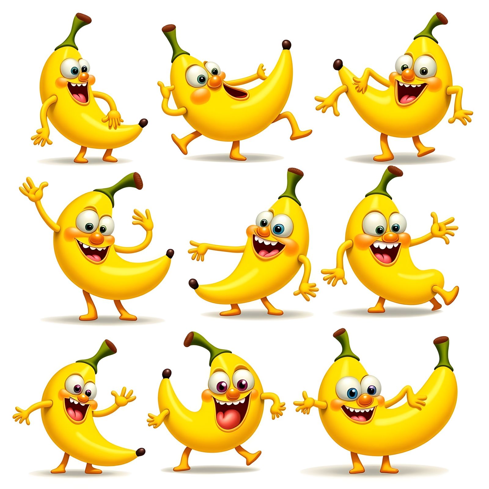 Funky Retro Cartoon Bananas in Colorful Positions