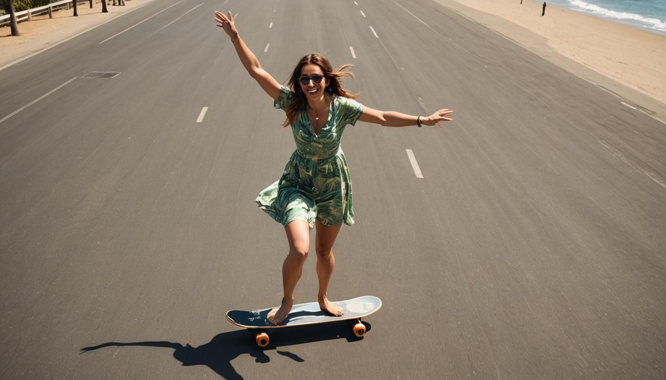 Girl Dancing on Longboard on Sunny California Beach
