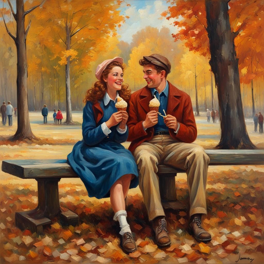 Couple Enjoying Autumn in Oil Painting Style