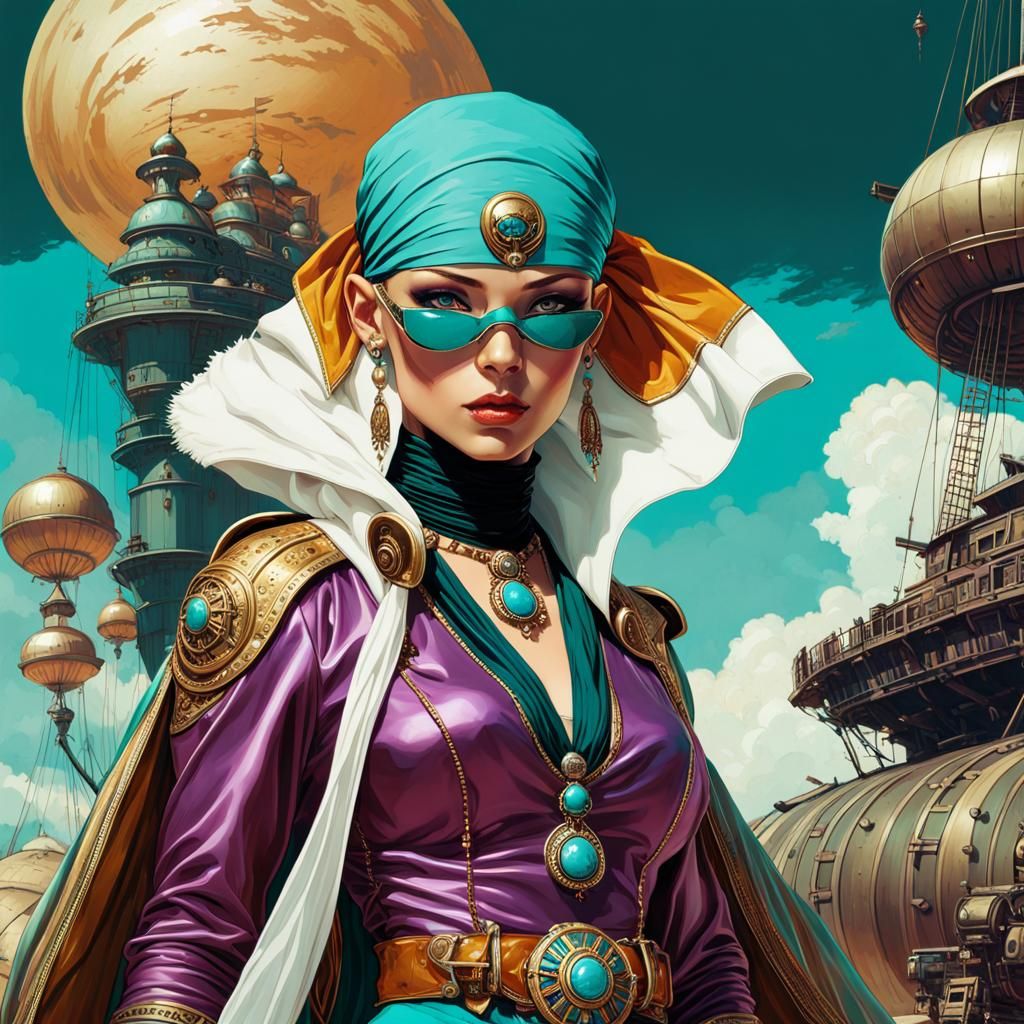 Bald Turquoise Alien Pirate Portrait in Art Nouveau Style