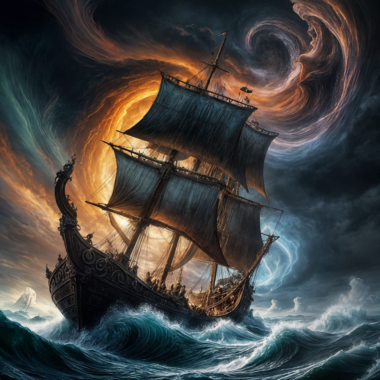 Ethereal Viking Ship Sailing Cosmic Vortex: Baroque Style