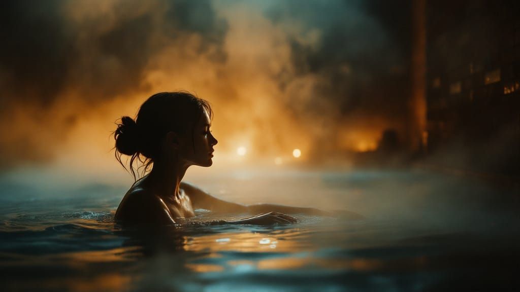 Woman in Steaming Thermal Pool in Golden Haze