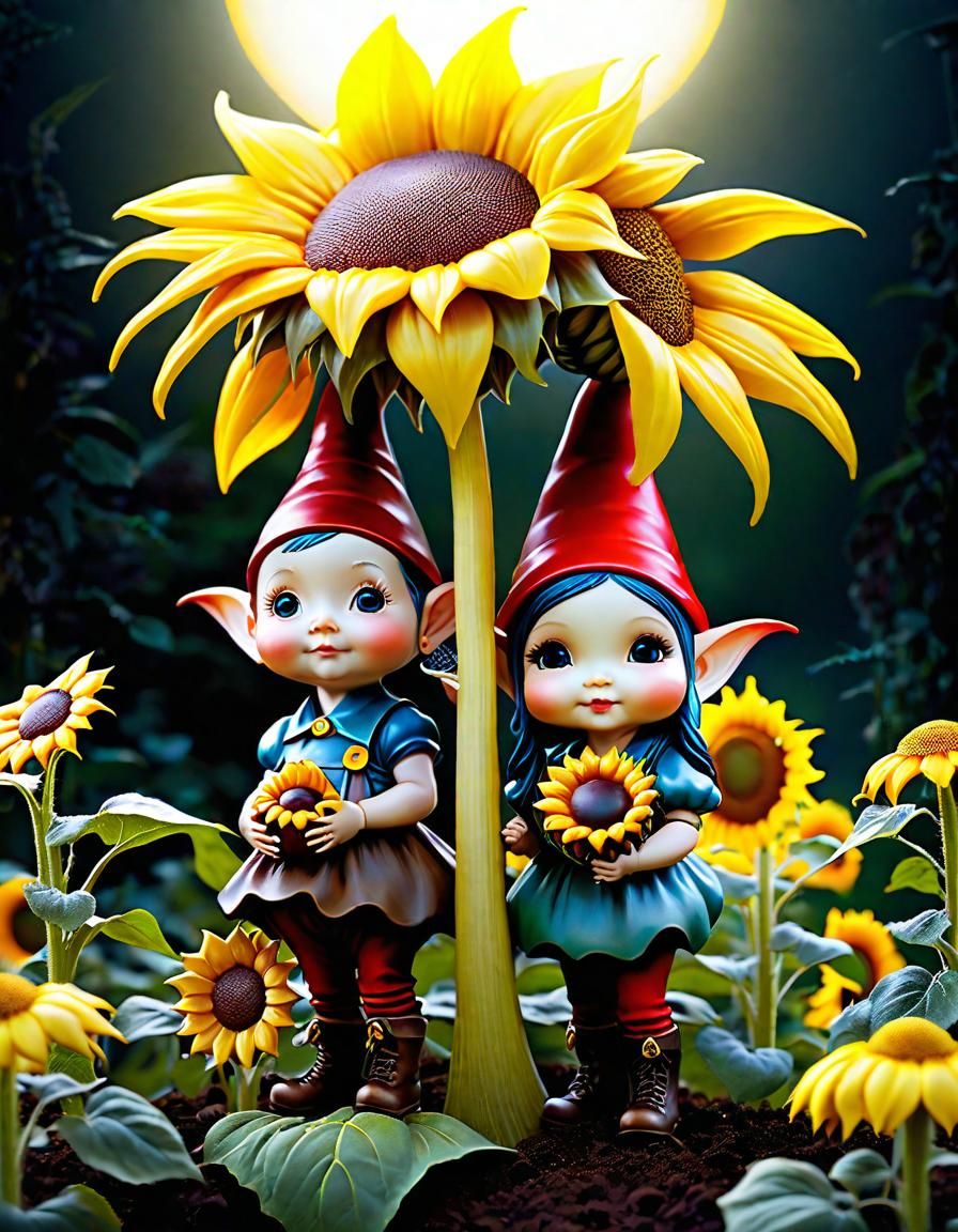 Gnome Children Carry Sunflower Through Mushroom Patch
