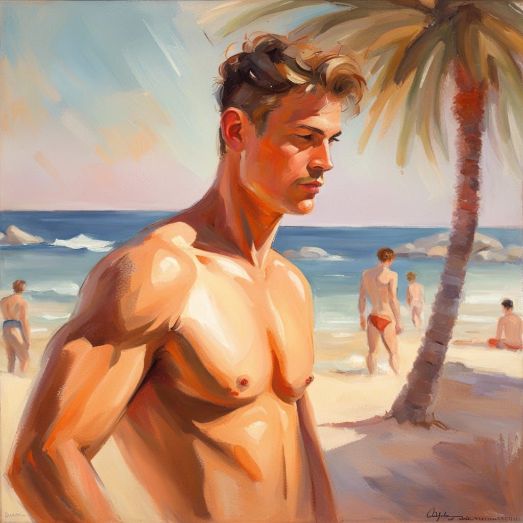 Impressionist Painting of Man on Sunny Beach