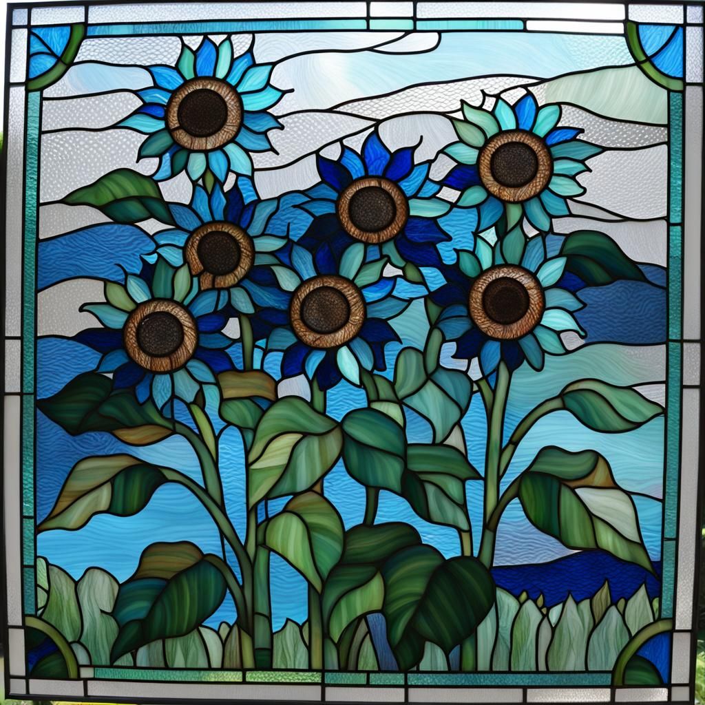 Blue Sunflowers in Stained Glass Style