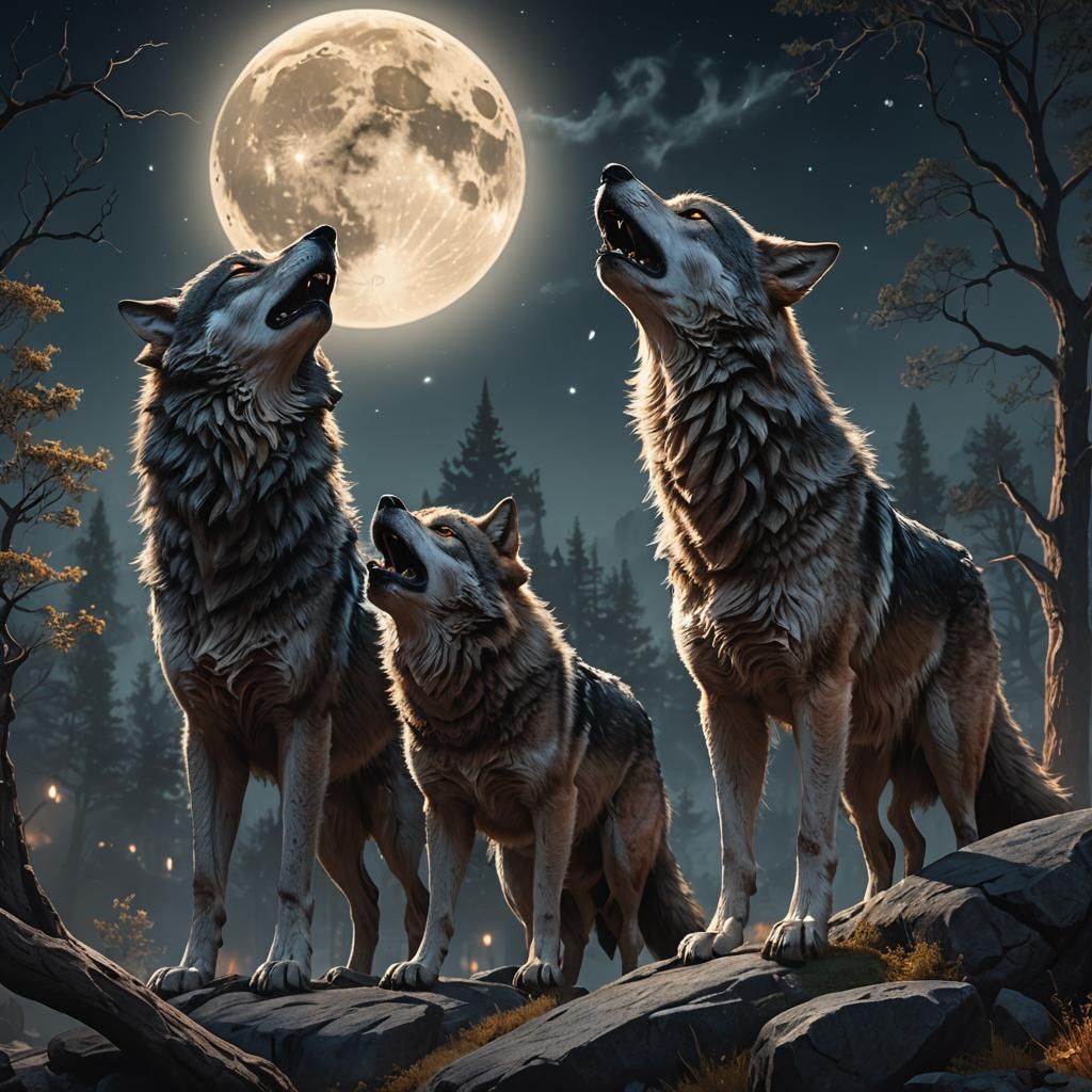 Wolves Howling at Moon in Dark Fantasy Art