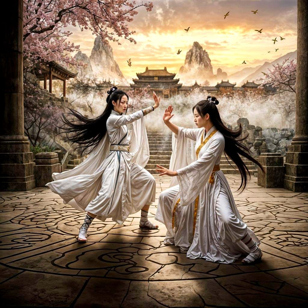 Medieval Chinese Women Kung Fu Fighting Watercolor