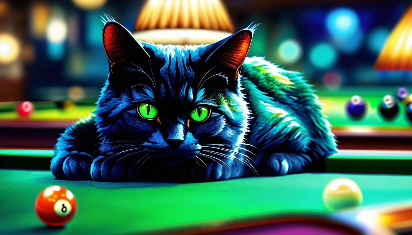 Green Felt Cat Playing Pool in Alcohol Ink Style