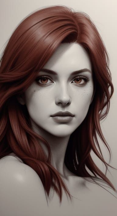 Charcoal Sketch of Serene Red-Haired Woman