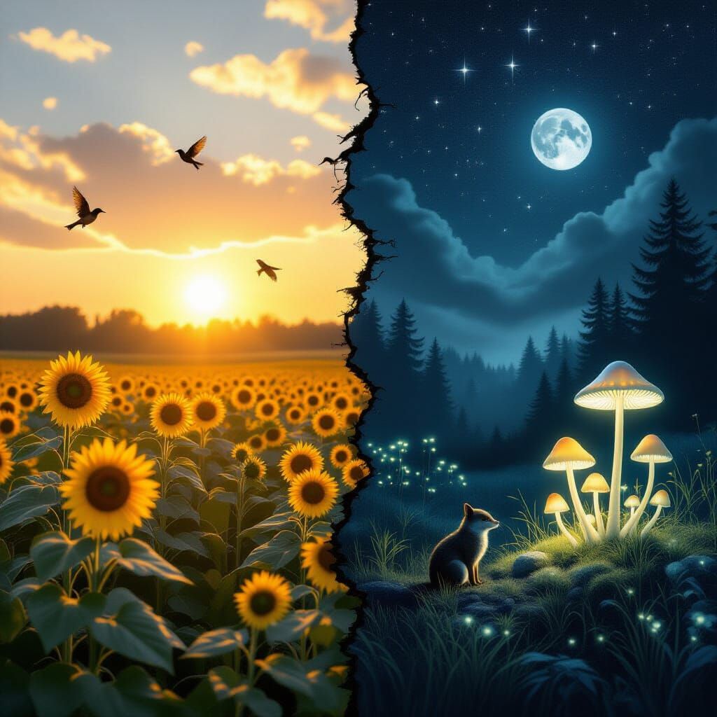 Dual Nature Landscape: Day Meets Night with Ethereal Glow