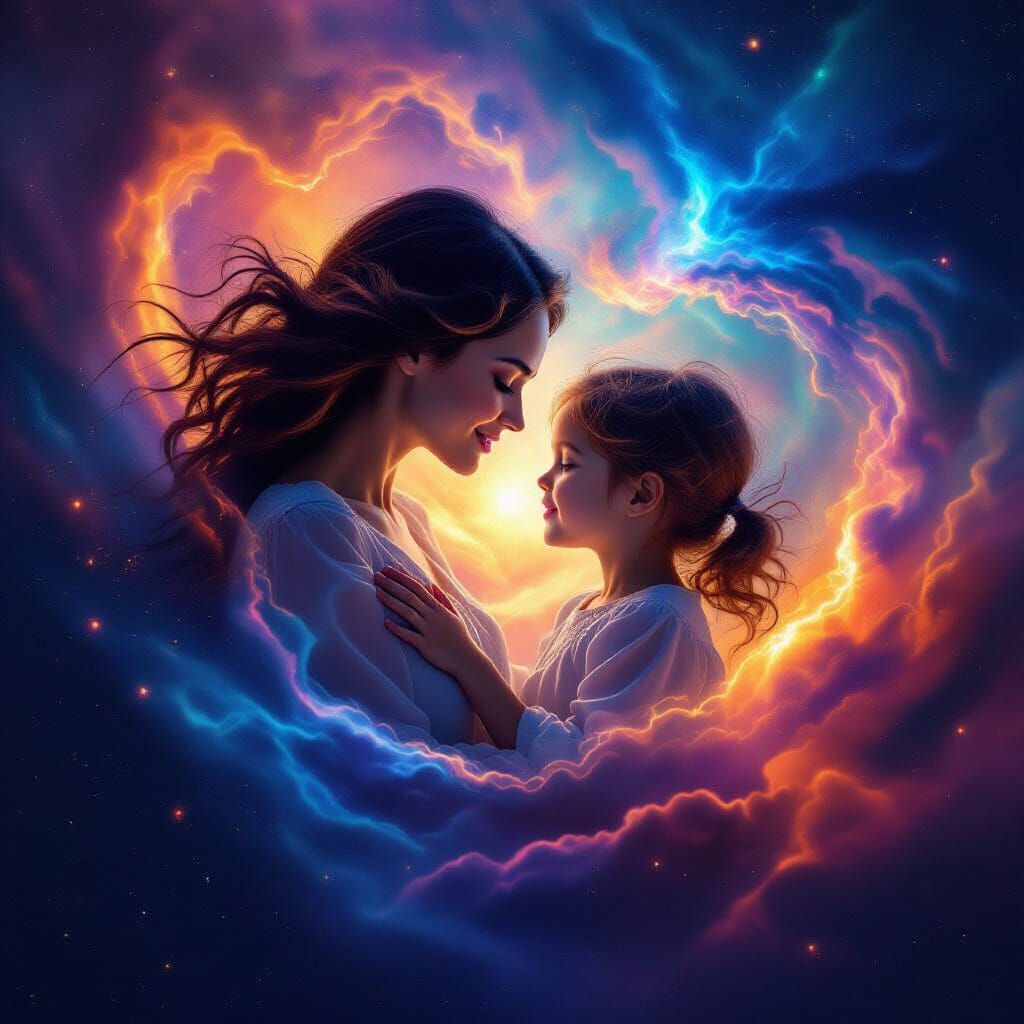 Ethereal Mother and Child in Cosmic Galaxy