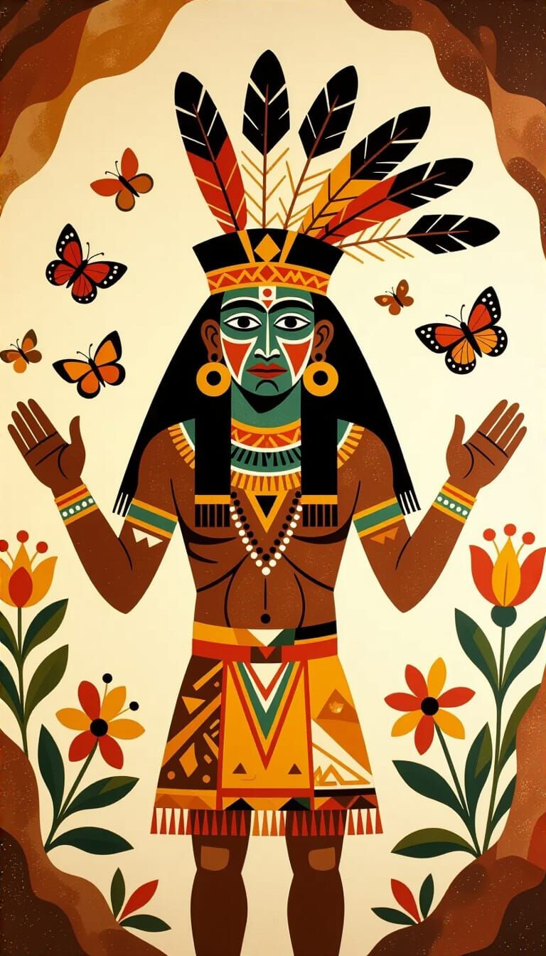 Vibrant Cave Painting of Masked Figure with Feathered Headdr...