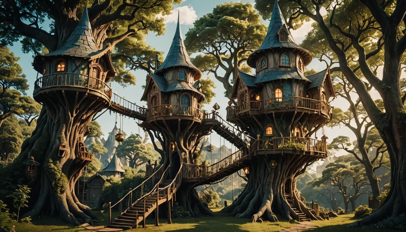 Elven Treehouse with Pointed Towers: Cinematic Film Still