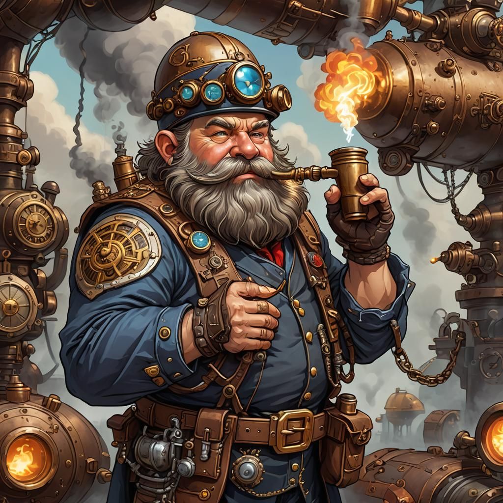Steampunk Dwarf Engineer with Blimp and Medals