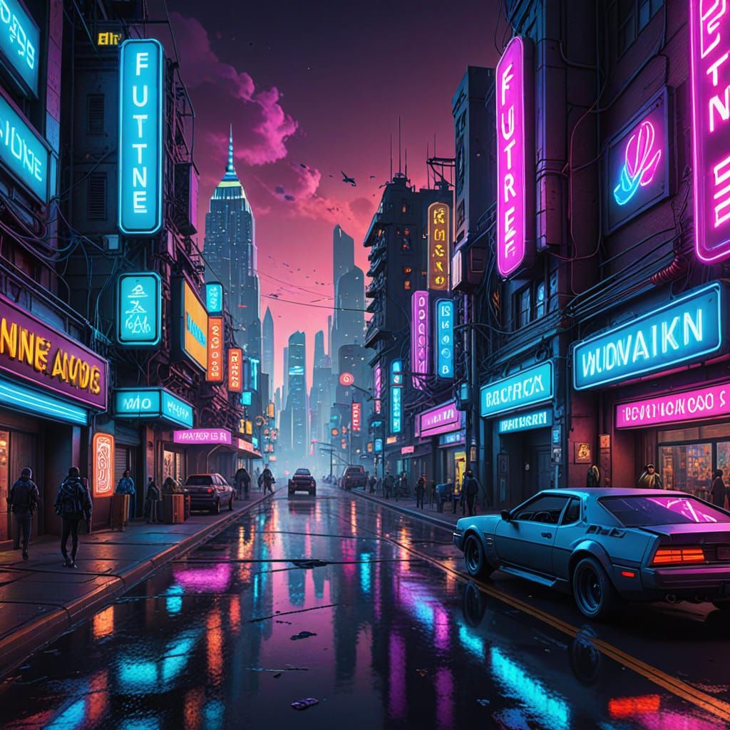 Vibrant Neon Metropolis at Sunset in a Futuristic Utopia