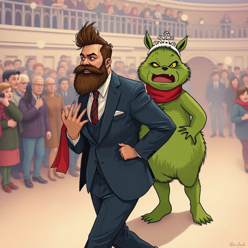 Man Carries Grinch in Murakami and Mucha Inspired Scene