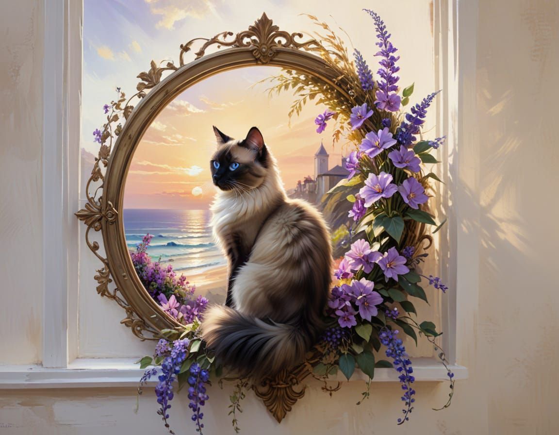 Siamese Cat on Windowsill Overlooking Beach in Oil Painting ...