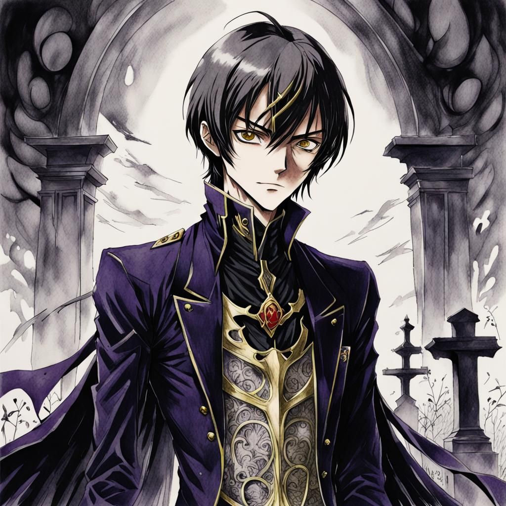 Lelouch Lamperouge Portrait in Misty Graveyard, Ink Art