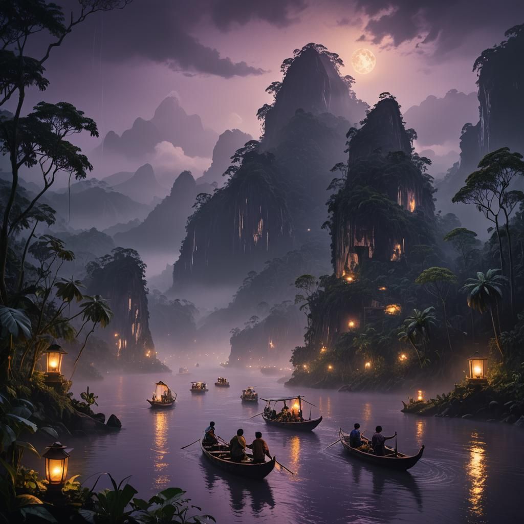 Lantern Lit Boats Journey Through Amazon Rainforest