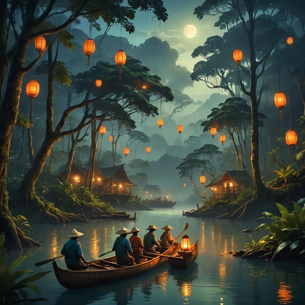 Amazon Boatmen in Lantern Light: Digital Matte Painting