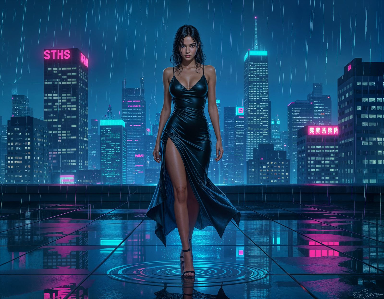 Woman Striding on Rooftop in Neon City Rain