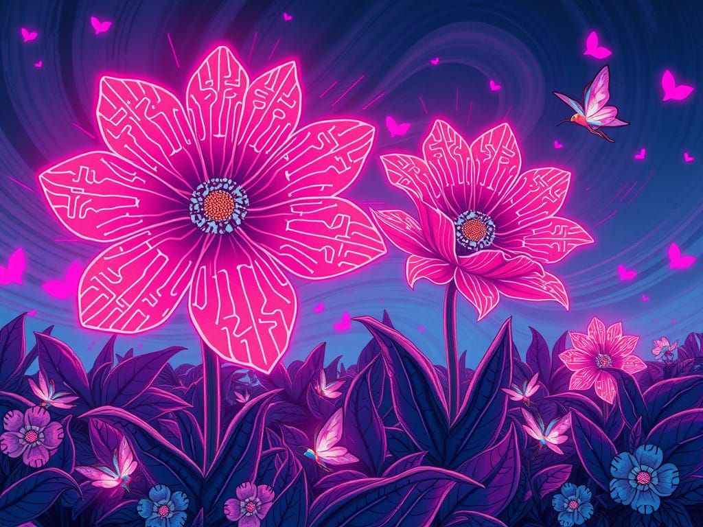 Surreal Cyberpunk Garden Blooms with Neon Flowers and Whimsi...