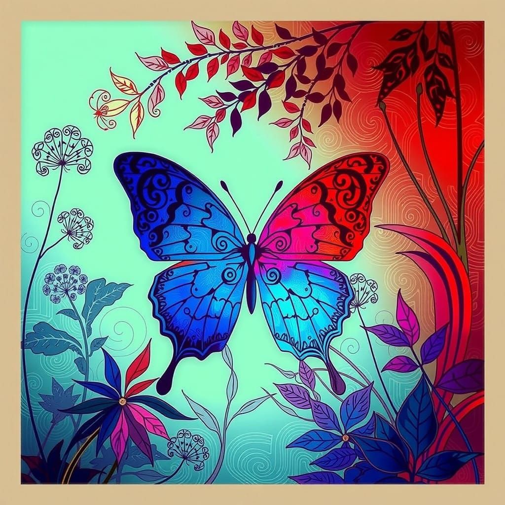 Delicate Butterfly Perched on a Vibrant Red-Violet Flower in...