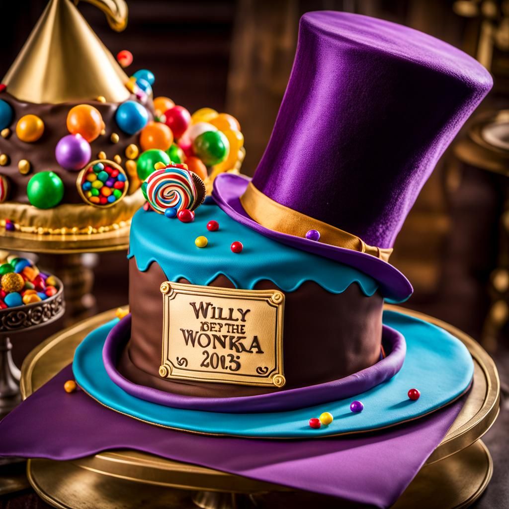 Hyperrealistic Willy Wonka Hat Cake with Golden Ticket