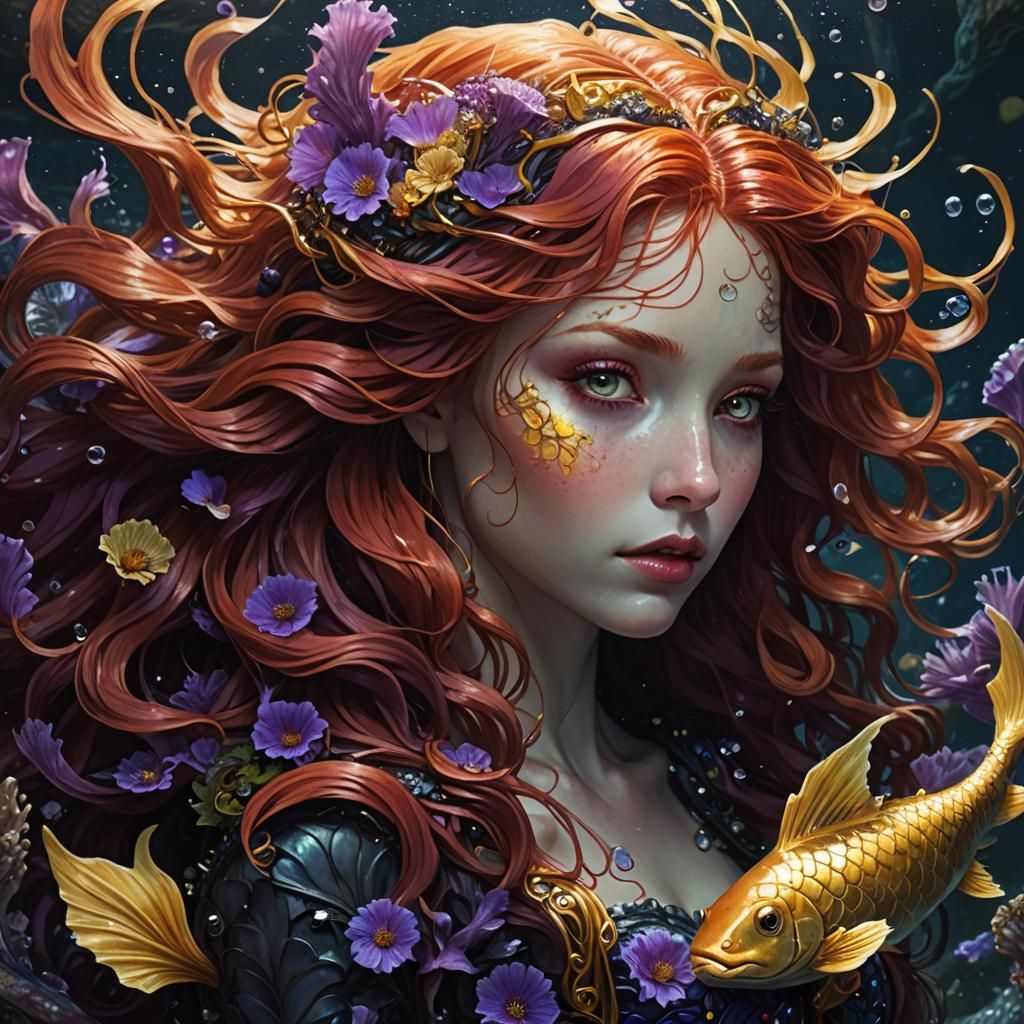 Red-Haired Mermaid in Murky Sea, Dark Fantasy Art