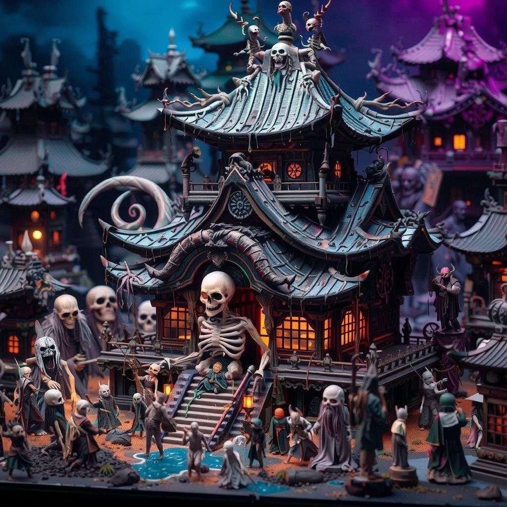 Dark Fantasy Cinematic Scene: Warriors, Yokai & Murloc