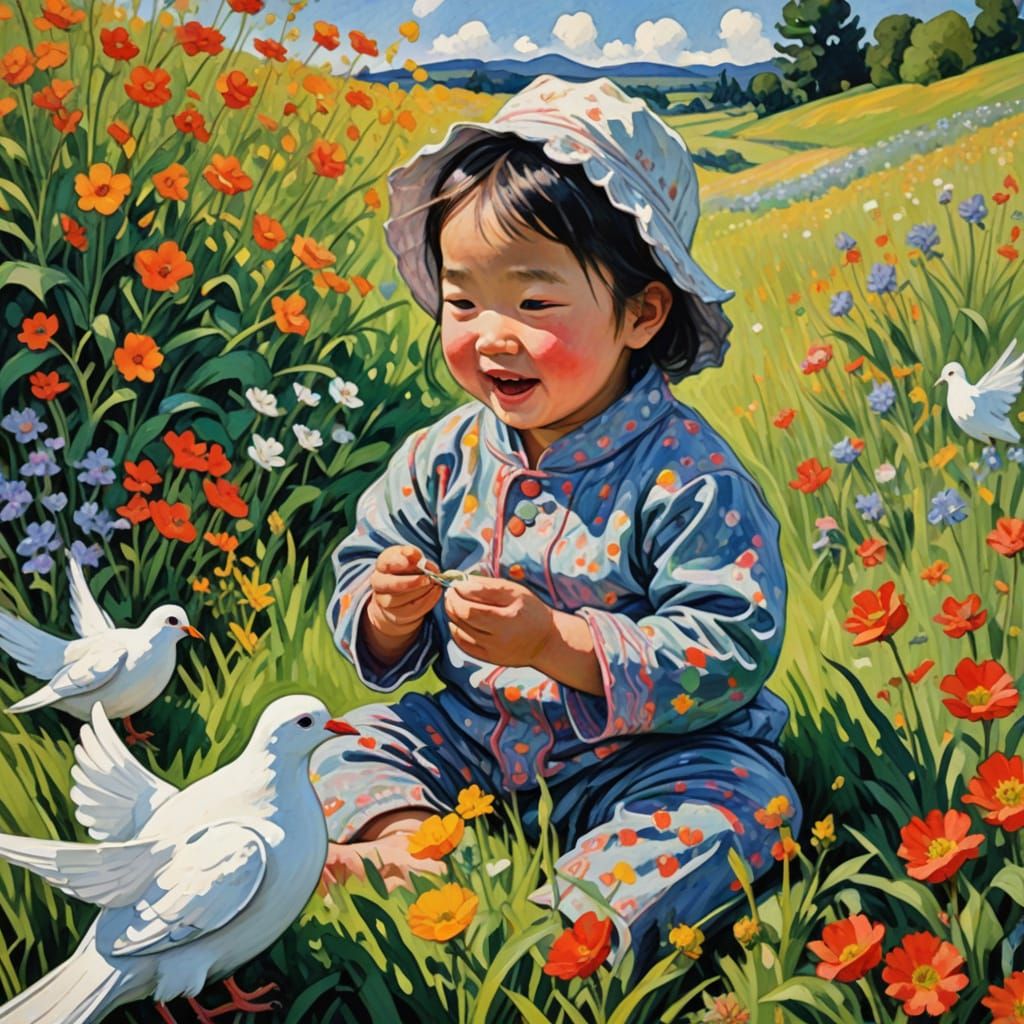 Joyful Asian Baby Girl Surrounded by Doves in a Vibrant Goua...