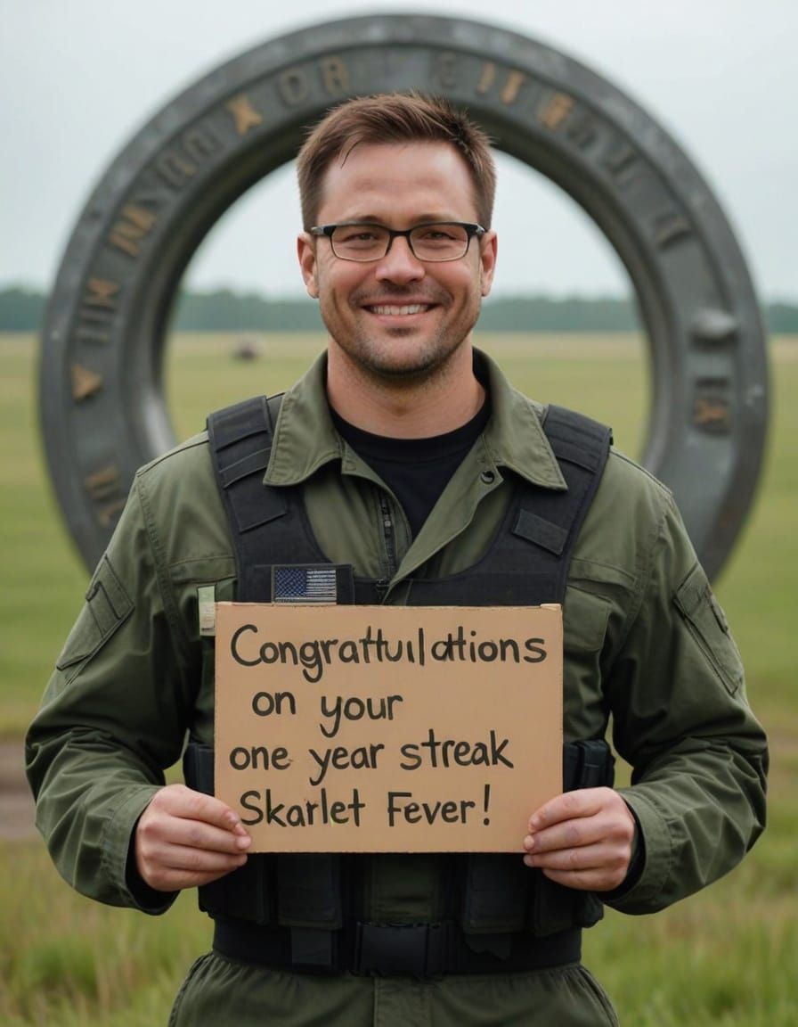 Man in Military Uniform Smiling Next to Stargate