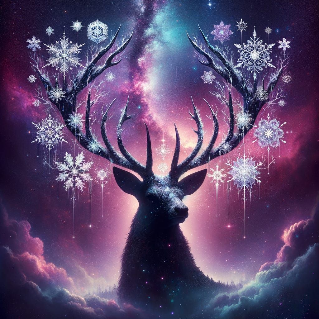 A majestic stag, its antlers intricately woven with shimmering snowflake patterns, stands silhouetted against a cosmic n...