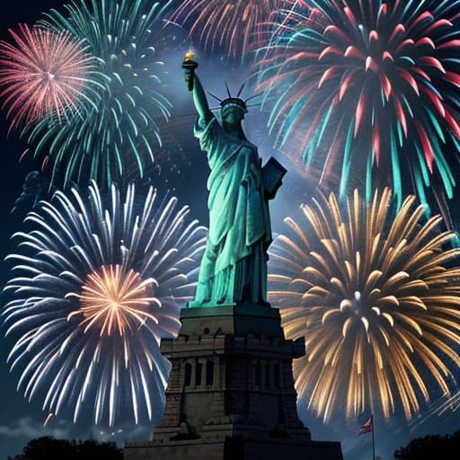 Fireworks Explode Over Statue of Liberty in Dramatic Concept...