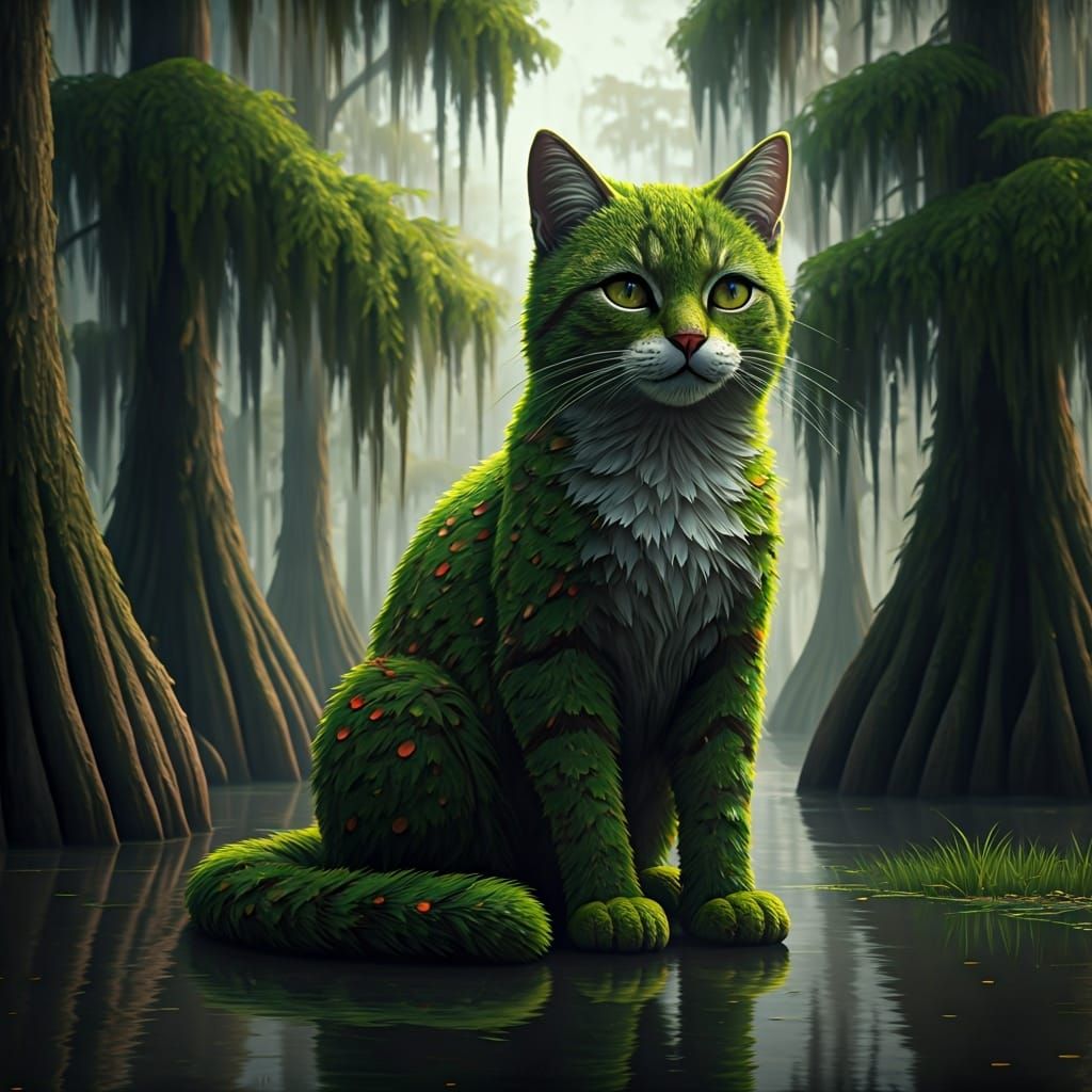 Moss Cat in Swampy Landscape: Hyper-Realistic 3D Art