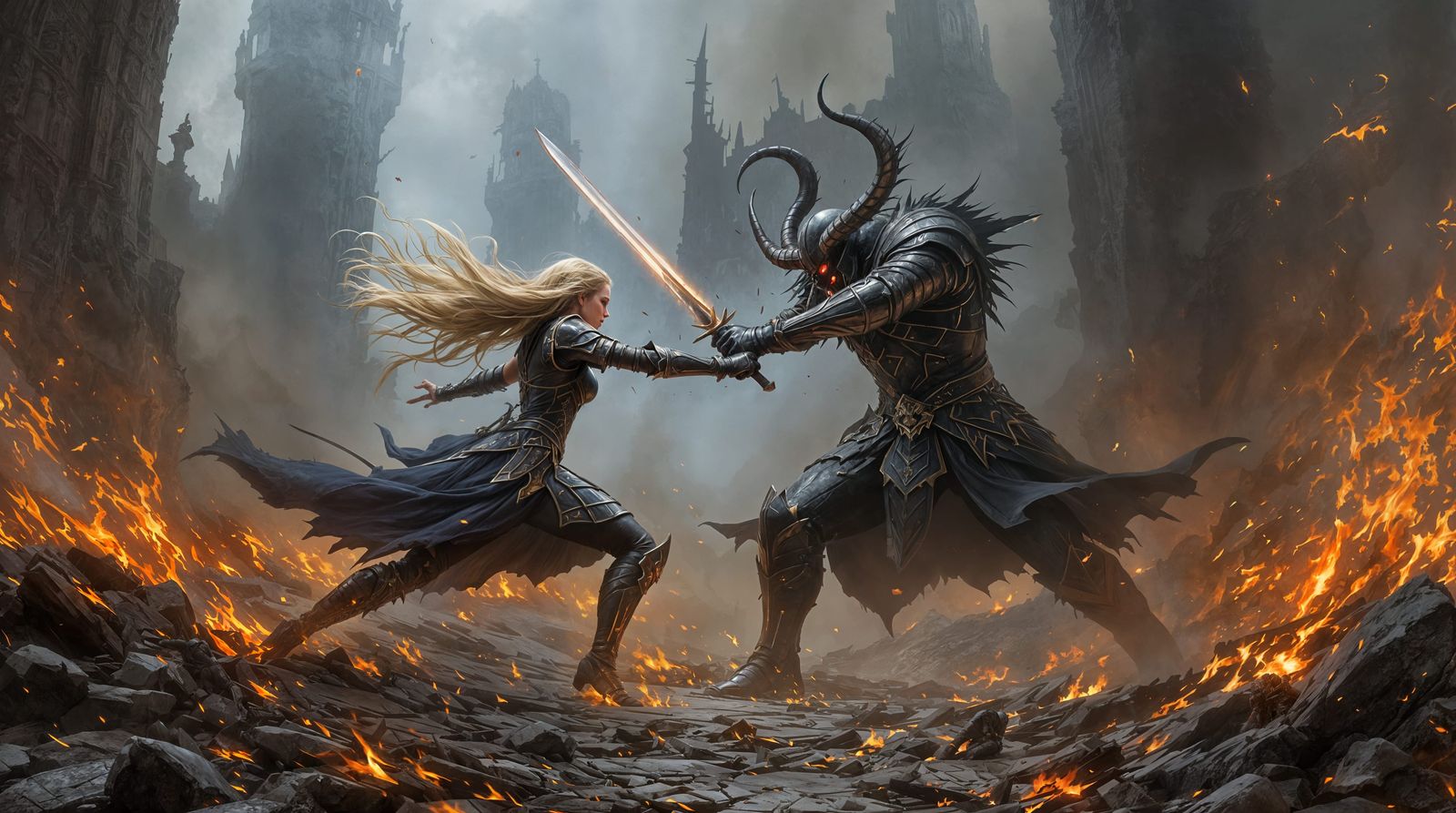 Gothic Ruins Clash in Fiery Fantasy Duel