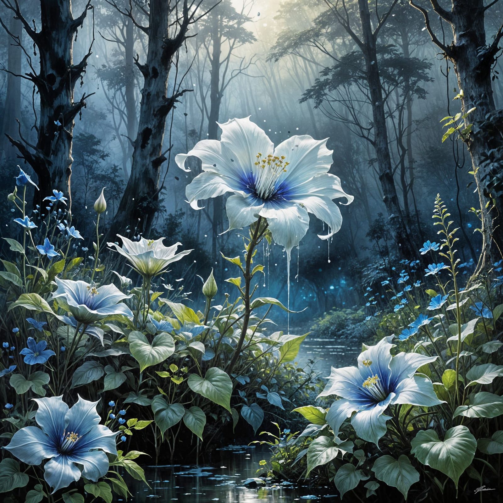Bioluminescent Moonflower Unveils in Misty Forest, Sumi Ink ...