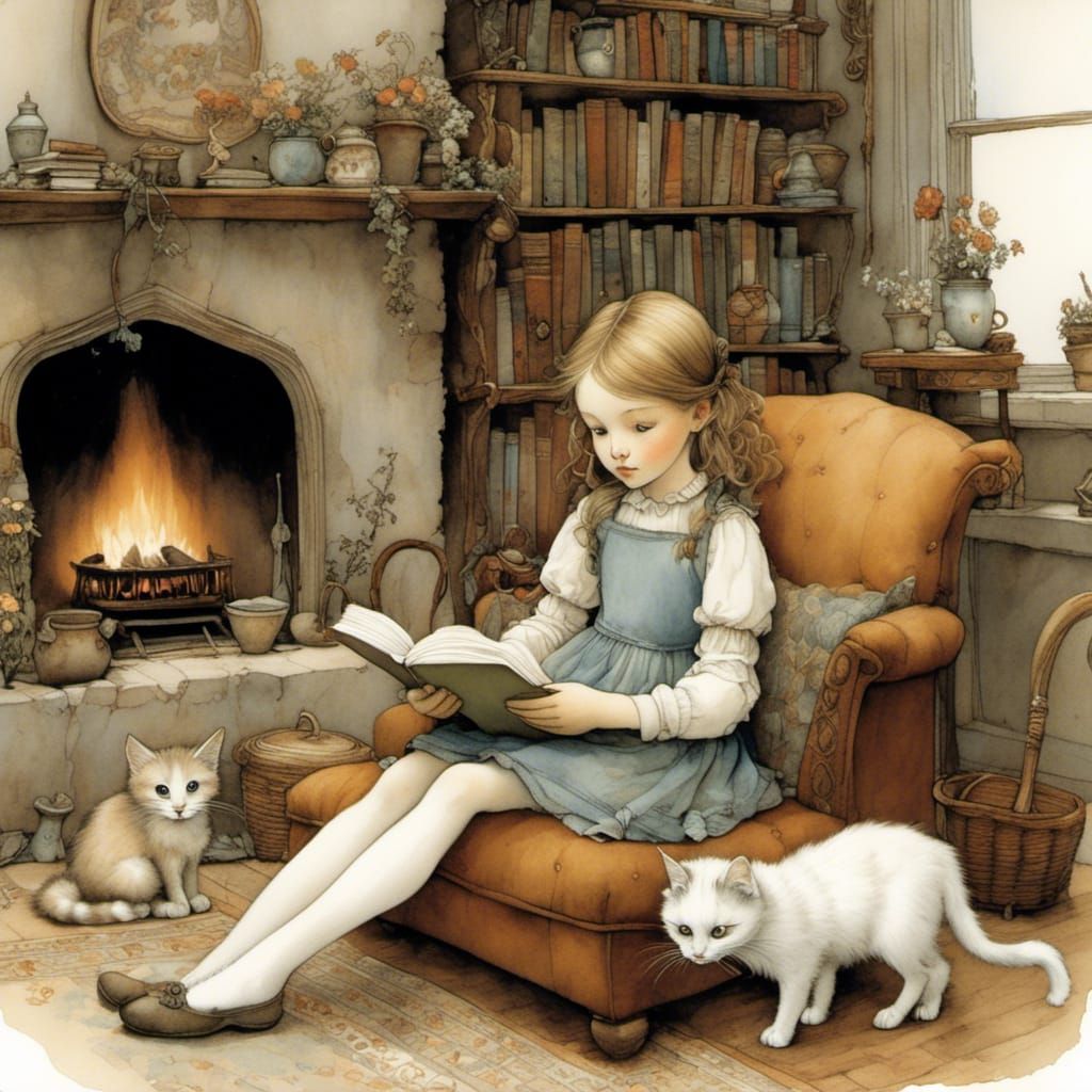 Girl Reading by Fireplace in Warm Hues
