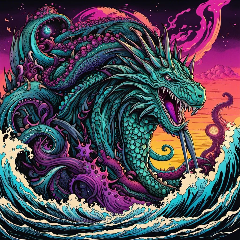 Kaiju Tentacle Tsunami in Aetherpunk Ink Drawing