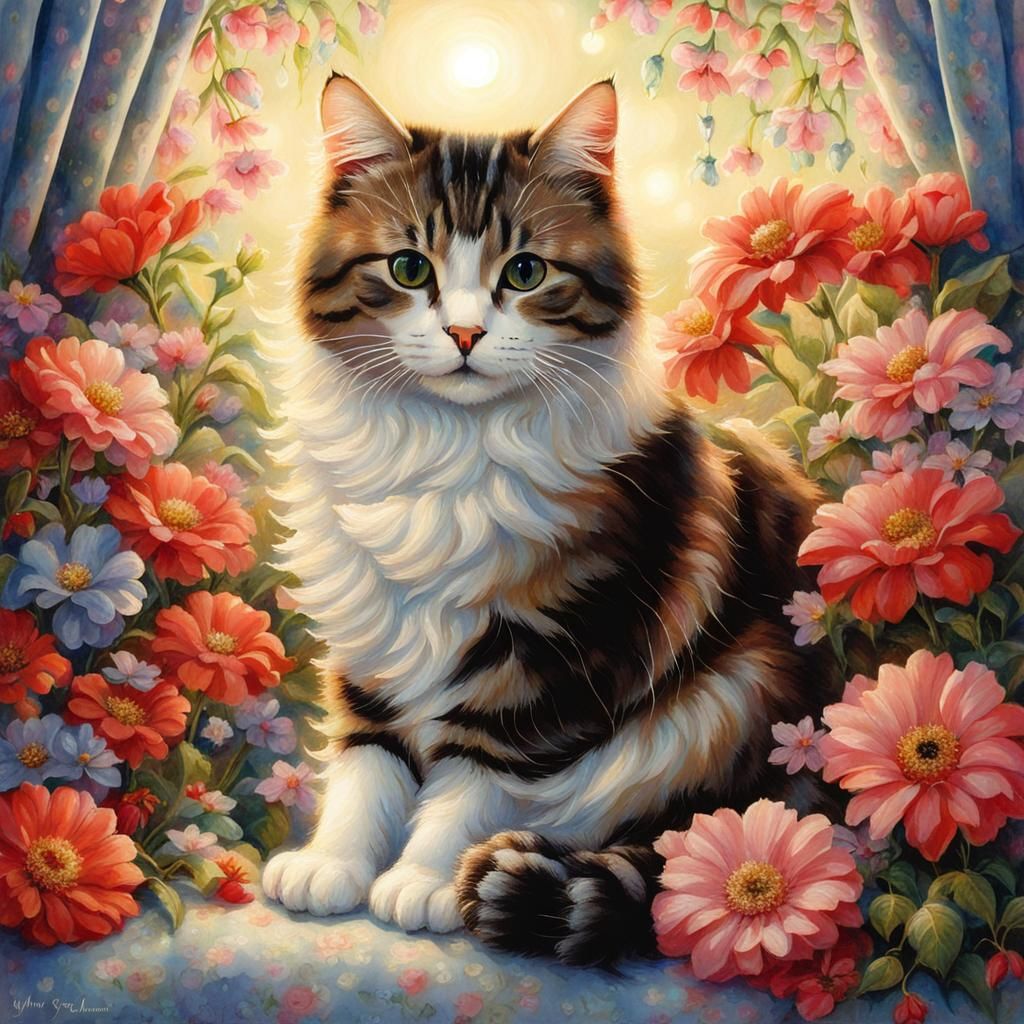 Cat in Floral Paradise: Fantasy Illustration
