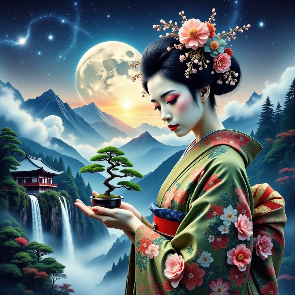 Geisha with Bonsai in Double Exposure Style