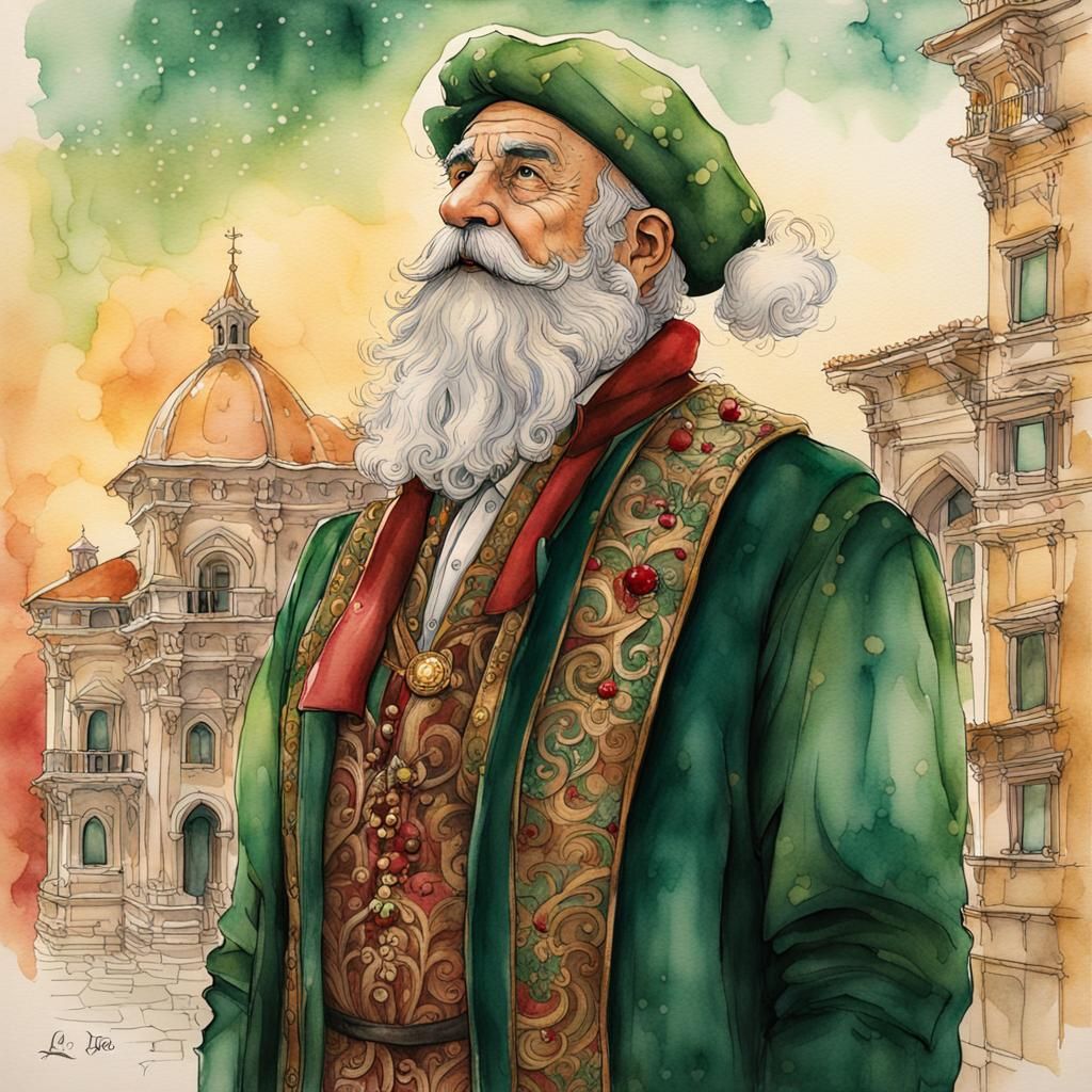 Babbo Natale in Renaissance Italy: Watercolor Illustration