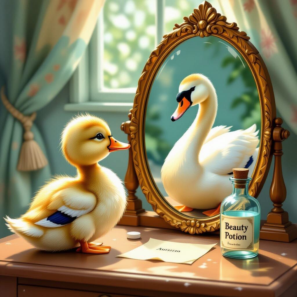 Ugly Duckling Sees Swan in Mirror, Storybook Style