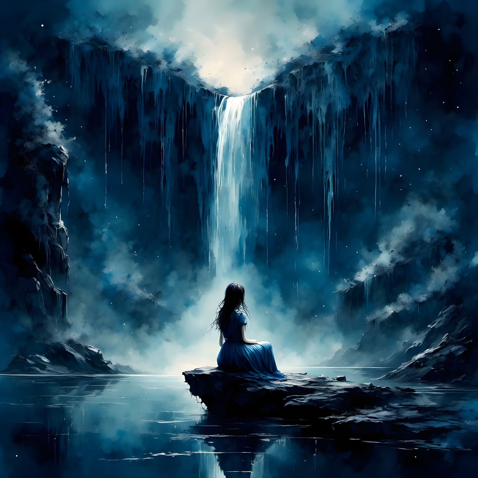 Lonely Girl by Waterfall Watercolor Painting