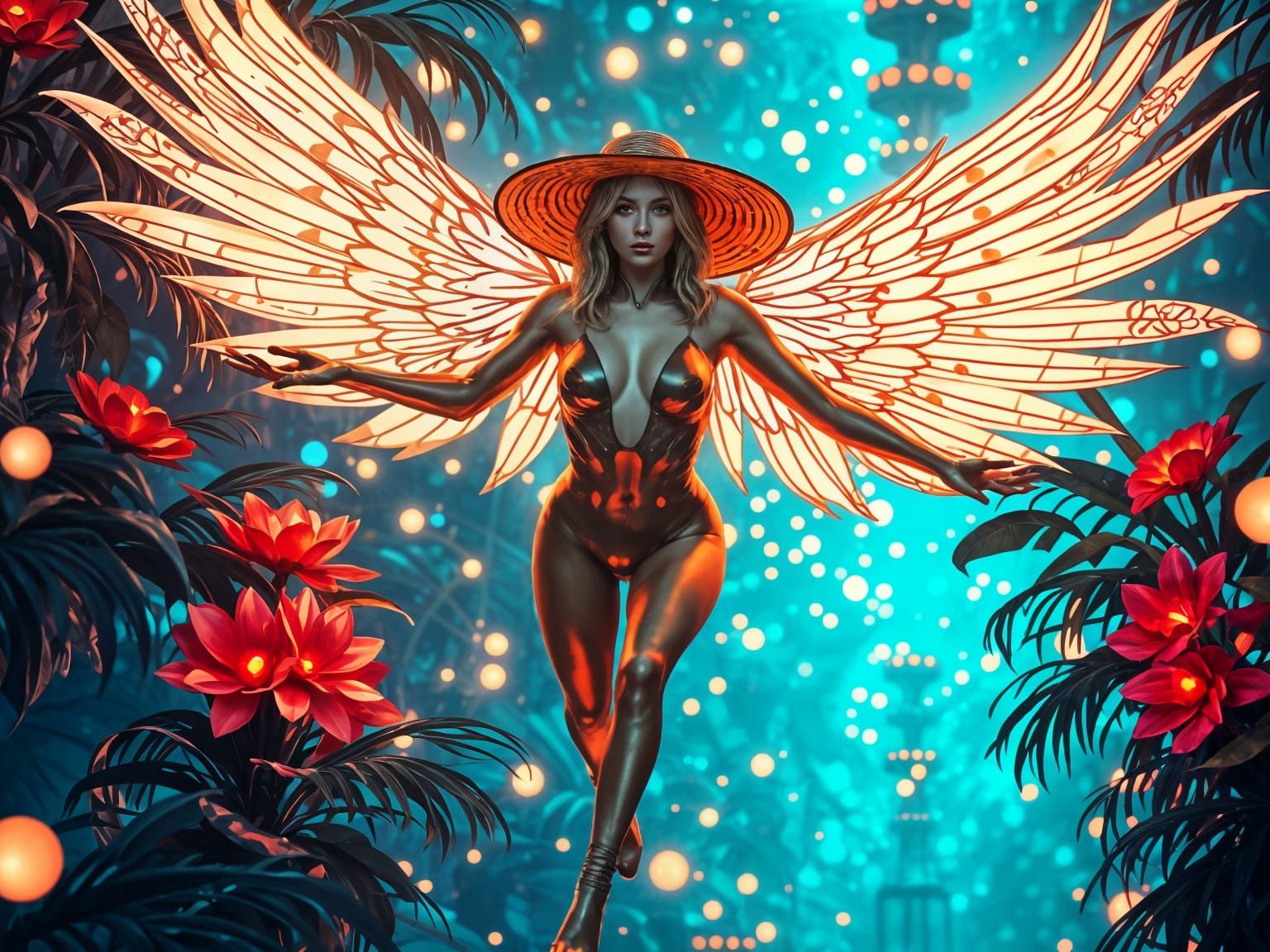 Futuristic Fairy Soars Through Neon Alien Jungle