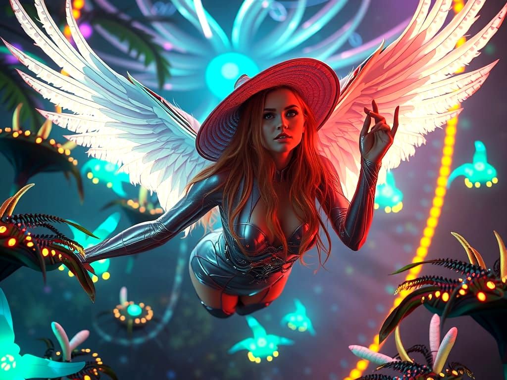 Futuristic Woman Soaring Through Neon Alien Jungle