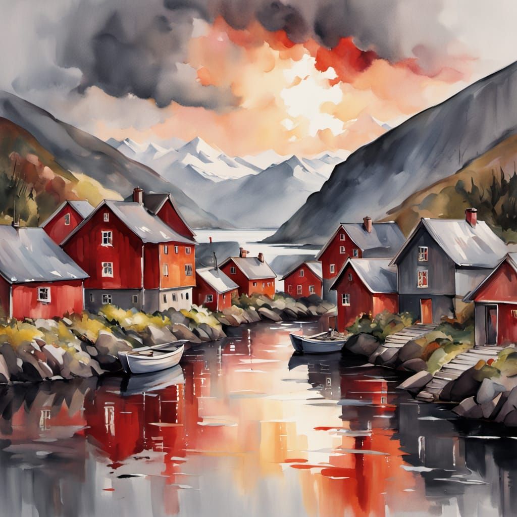 Scandinavian Village in Fiord: Watercolor Painting