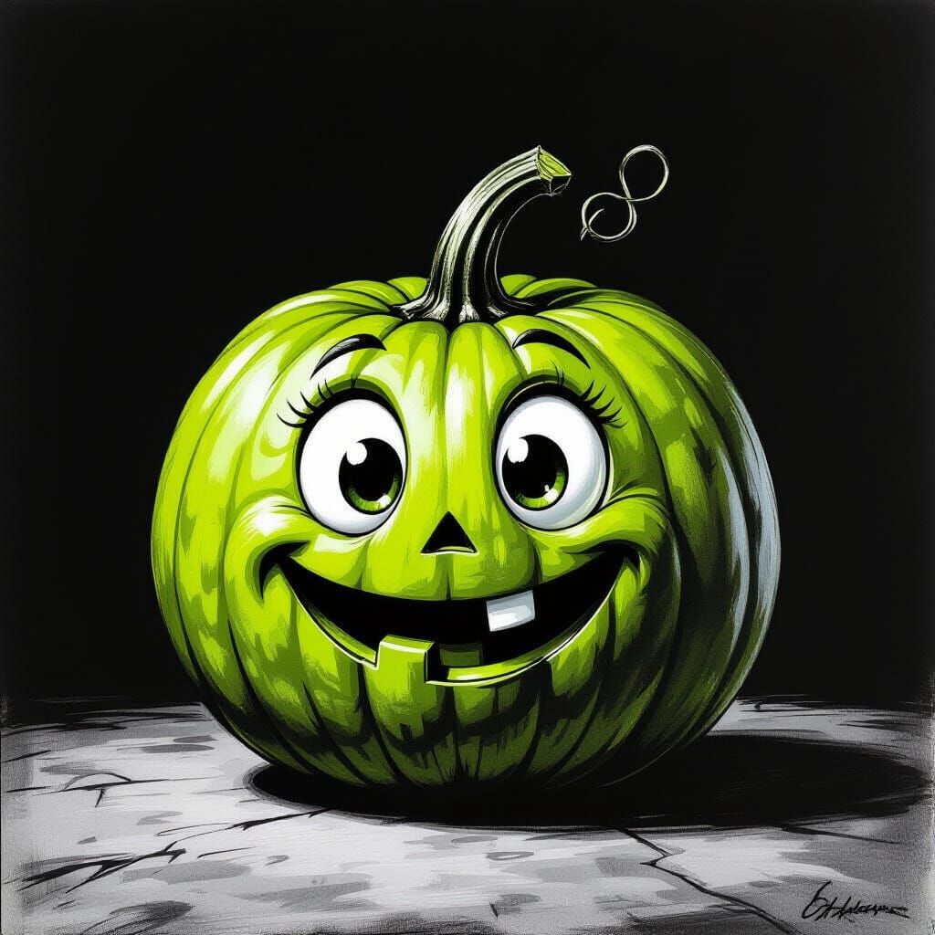 Charcoal Drawing of a Cheerful Green Pumpkin