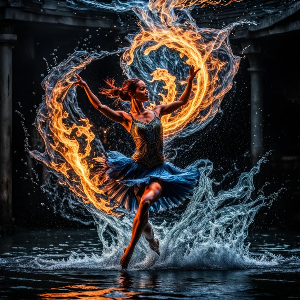 Fire and Water Dancing in Hyperrealistic Detail