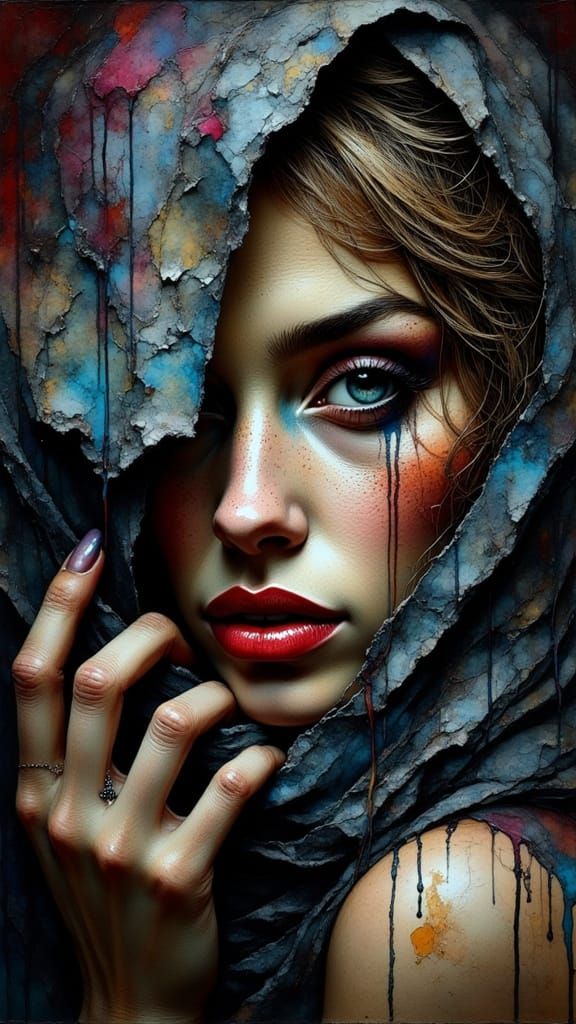 A woman's portrait with a delicate veil, shrouding her enigmatic gaze, set against a warm, earthy background